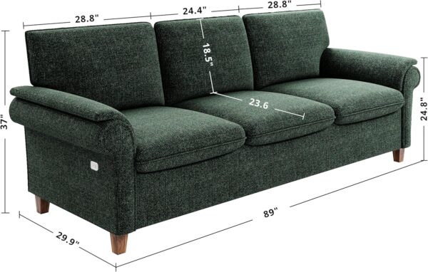 LIKIMIO Sofa 89 Inch, Comfy Sofa Couch with USP Port, Extra Deep Seats Modern 3 Seater Sofa, Couch for Living Room Apartment Lounge, Green Chenille - Image 2