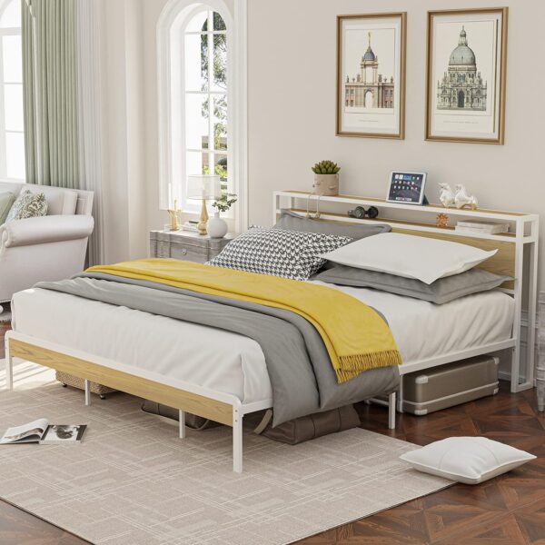 LIKIMIO Queen Bed Frame, Platform Bed Frame with 2-Tier Storage Headboard and Strong Support Legs, More Sturdy, Noise-Free, No Box Spring Needed, White and Log - Image 3