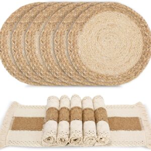 Handmade Boho Placemats Set of 6 - Natural Cotton Burlap and Water Straw Woven Combination Table Mats, Macrame Décor and Farmhouse Style Placemats, for Dining Table Kitchen
