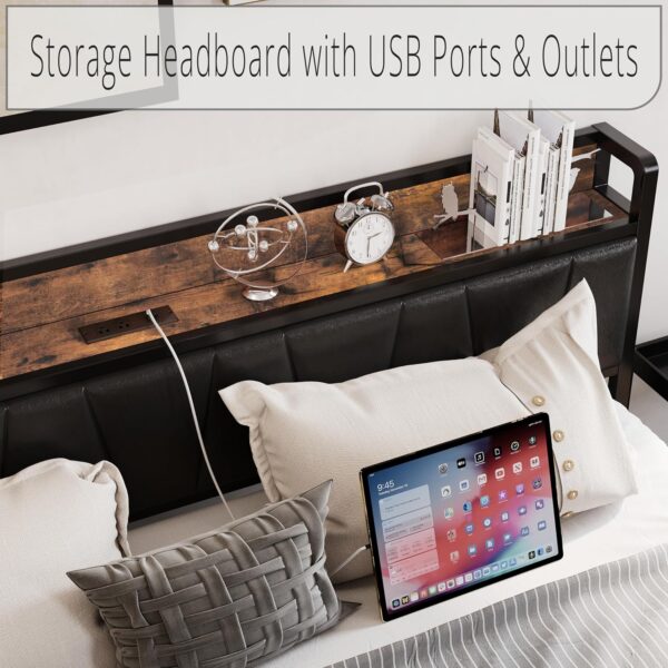 LIKIMIO Queen Bed Frame, Storage Headboard with Charging Station, Solid and Stable, Noise Free, No Box Spring Needed, Easy Assembly (Vintage and Black) - Image 5