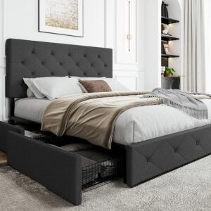 SHA CERLIN Upholstered Queen Platform Bed Frame with Adjustable Headboard and 4 Drawers Under Bed Storage, No Box Spring Needed, Diamond Stitches Button Tufted Design, Dark Grey