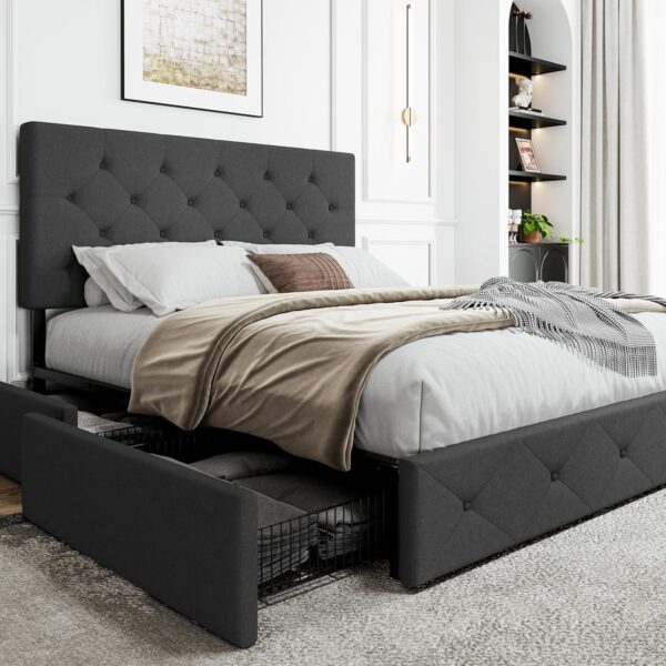 SHA CERLIN Upholstered Queen Platform Bed Frame with Adjustable Headboard and 4 Drawers Under Bed Storage, No Box Spring Needed, Diamond Stitches Button Tufted Design, Dark Grey