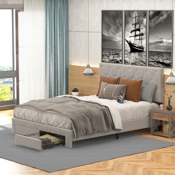 NSdirect Queen Size Bed Frame with Storage Drawer, Upholstered Velvet Platform Bed Frame with 2 Storage Drawers and Charging Station,Tufted Headboard, Grey Velvet - Image 7