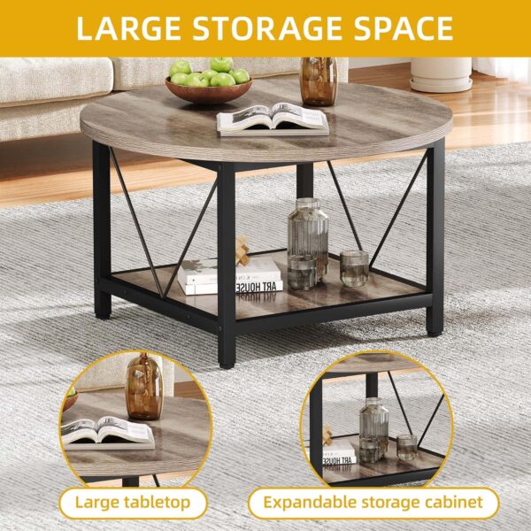 DWVO Round Coffee Table, Coffee Tables for Living Room, Small Coffee Table, 2 Tier Circle Table with Open Storage Shelf, Rustic Wood Coffee Table with Metal Frame, Easy Assembly, Grey Wash - Image 3