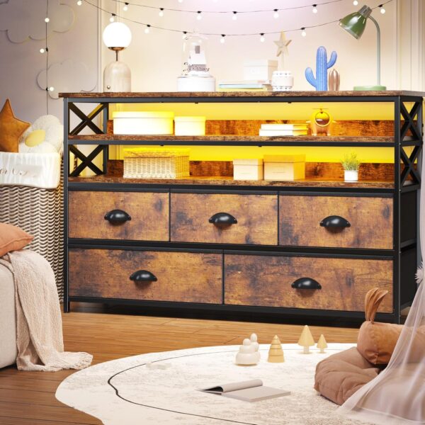EnHomee Dresser for Bedroom with Wood Open Shelves, 55" TV Stand Dresser with 5 Drawers,Fabric Dressers & Chest of Drawers for Living Room, Entryway, Rustic Brown - Image 5