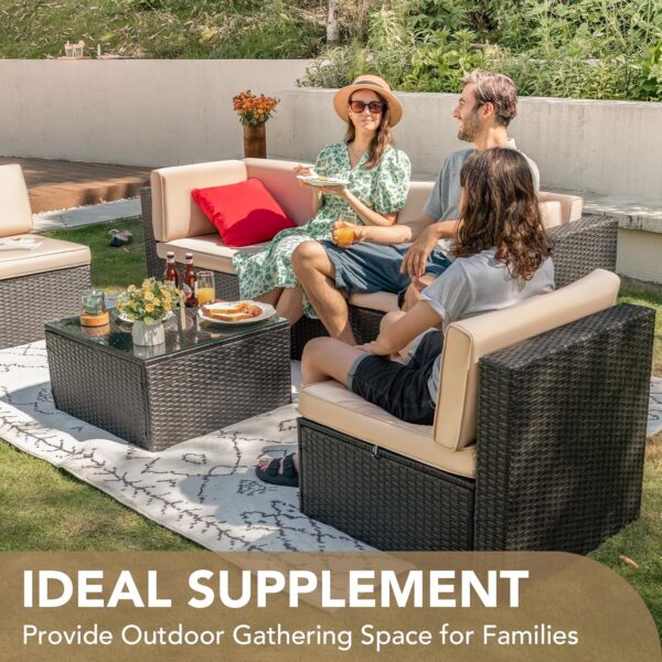 Devoko Patio Furniture Sets 6 Pieces Outdoor Sectional Rattan Sofa Manual Weaving Wicker Patio Conversation Set with Glass Table and Cushion (Beige) - Image 2