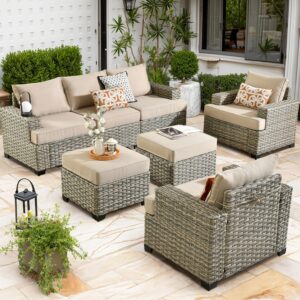 Patio Furniture Sets 7 Pieces Outdoor Sectional Rattan Sofa Manual Weaving Wicker Patio Conversation Set with Ottomans and T Cushion(Beige)