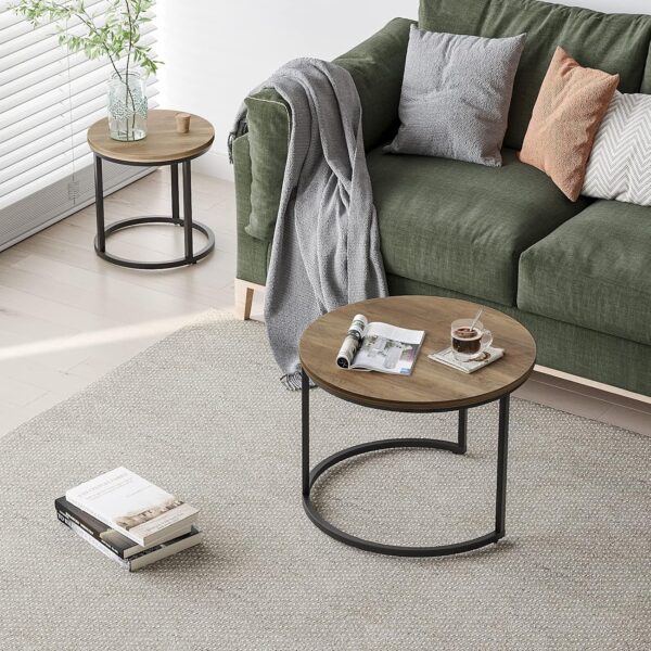 Smuxee Nesting Coffee Table Set of 2, 23.6" Round Coffee Table Wood Grain Top with Adjustable Non-Slip Feet, Industrial End Table Side Tables for Living Room Bedroom Balcony Yard - Image 7