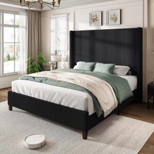 AMERLIFE King Size 62" Corduroy Upholstered Bed Frame, Luxurious Platform Bed with Extra Tall Wingback Headboard and Vertical Stripe, No Box Spring Needed/Solid Wood Slats & Legs/Black