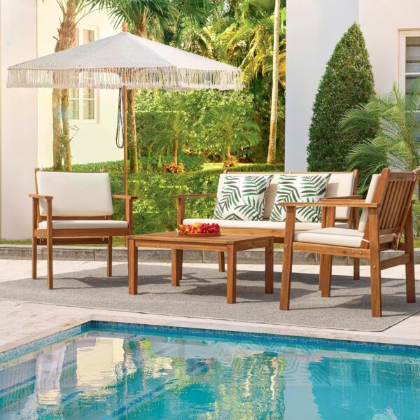 Flamaker Patio Furniture 4 Piece Outdoor Acacia Wood Patio Conversation Sofa Set with Table & Cushions Porch Furniture for Deck, Balcony, Backyard - Image 7