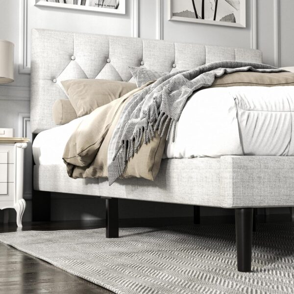 Queen Size Platform Bed Frame with Upholstered Button Tufted Headboard, Mattress Foundation with Wooden Slat Support, Noise Free, No Box Spring Needed, Easy Assembly, Light Grey - Image 4