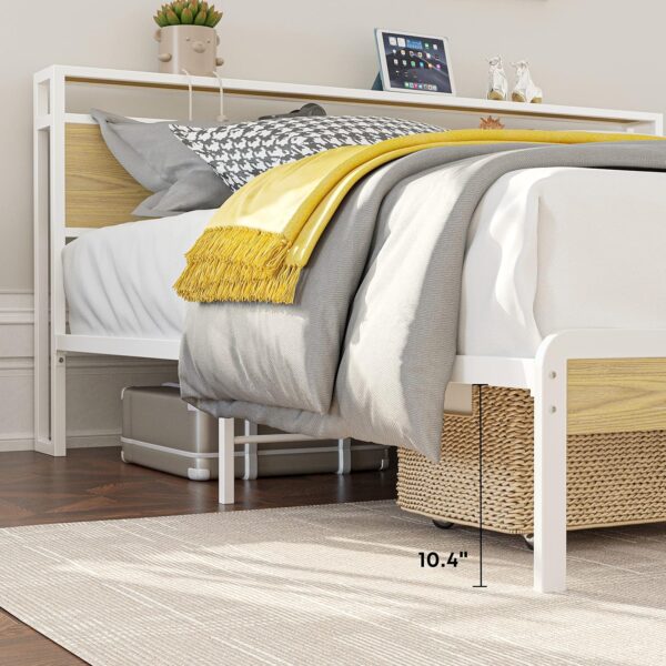LIKIMIO Queen Bed Frame, Platform Bed Frame with 2-Tier Storage Headboard and Strong Support Legs, More Sturdy, Noise-Free, No Box Spring Needed, White and Log - Image 4