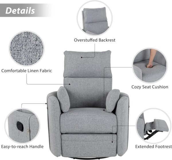 Rocking and Swiveling Recliner Chair with Detachable Pillows and Extended Footrest,Curved Ergonomic Armrests Linen Fabric and Iron Frame,Dark Gray - Image 7