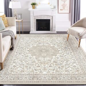 Area Rug Living Room Rugs: 5x7 Large Machine Washable Non Slip Thin Carpet Soft Indoor Luxury Floral Stain Resistant Carpets for Under Dining Table Farmhouse Bedroom Nursery Home Office Beige