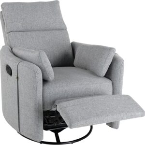 Rocking and Swiveling Recliner Chair with Detachable Pillows and Extended Footrest,Curved Ergonomic Armrests Linen Fabric and Iron Frame,Dark Gray
