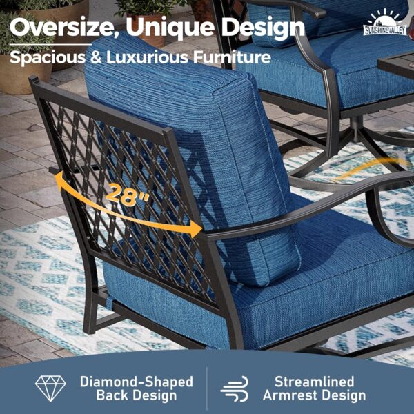7 Piece Metal Outdoor Patio Furniture Set, Patio Conversation Sets 3-seater Sofa, 2 Fixed Chairs, 2 Swivel Chairs, 2 Ottomans with 5.75" Thick Cushion, Black Backyard Furniture, Blue-2 - Image 4