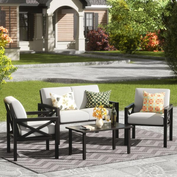 NATURAL EXPRESSIONS Outdoor Patio Furniture 4 Pieces Set, Modern Patio Conversation Sets, Outdoor Sectional Metal Sofa with 5.5 Inch Cushion and Coffee Table for Balcony, Garden