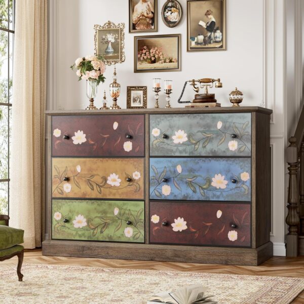 finetones 47.5’’ Wide Dressers & Chests of Drawers, 6 Drawer Dresser Boho Dresser TV Stand, Wood Dresser Vintage Dresser Chest of Drawers for Home, 47.5W x 16.7D x 31.9H Inch - Image 2