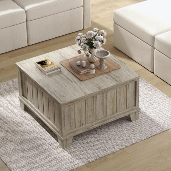 VONLUCE Farmhouse Coffee Table with Hidden Storage Compartments, 31.5 in Rustic Coffee Table with Hinged Flip Tops, Modern Square Center Table for Living Room Meeting Room, Light Rustic Oak - Image 6