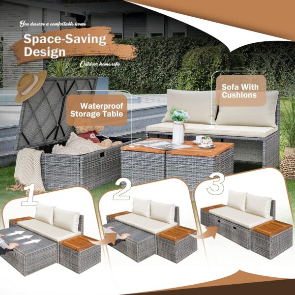Devoko Outdoor Daybed Set Multifunctional Patio Day Bed Rattan Lounge Bed with 2 Side Tables for Backyard Porch Poolside Lawn Beach (Beige White) - Image 7