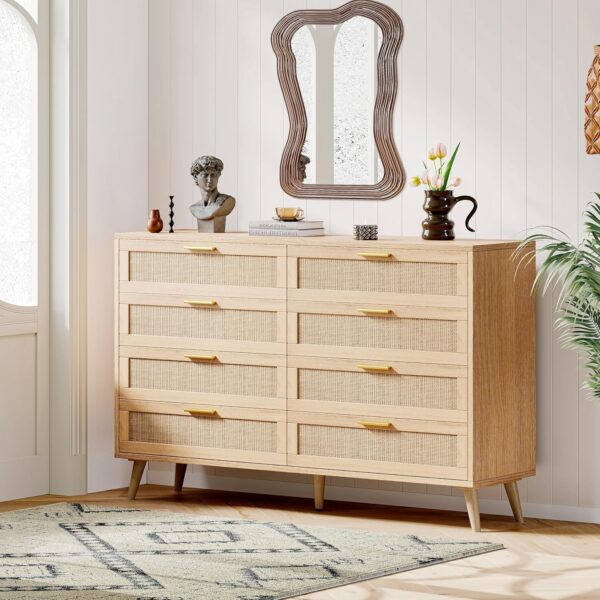 Rovaurx 8 Drawer Double Dresser for Bedroom, Rattan Chest of Dressers, Modern Wooden Dresser Chest with Golden Handles, Beside Table for Closet, Living Room and Entryway, Natural RDG003M - Image 4