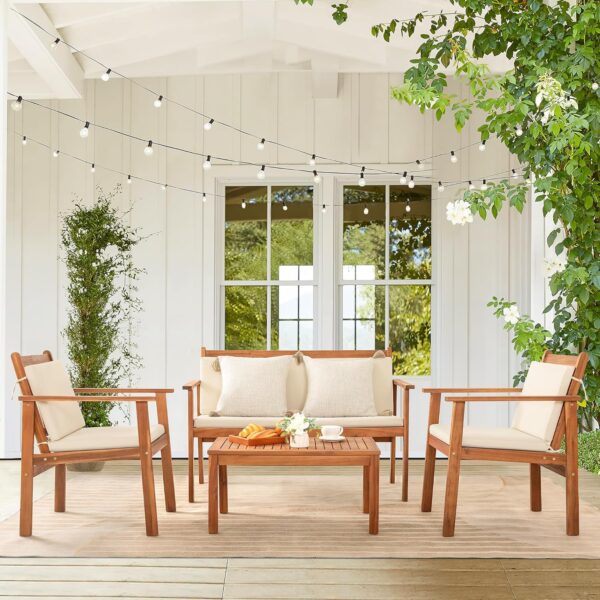 Greesum 4 Piece Bistro Patio Furniture Outdoor Chat Chair Set with Water Resistant Cushions and Coffee Table for Beach Backyard Garden, Acacia Wood - Image 2