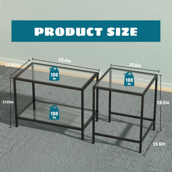 Nesting Coffee Table,Small Glass Coffee Table Set of 2,Black Modern Square Sofa Side Tea Table for Living Room,Bedroom and Small Spaces,2 Tier Tempered Glass with Sturdy Metal Frame, Easy Assembly - Image 2