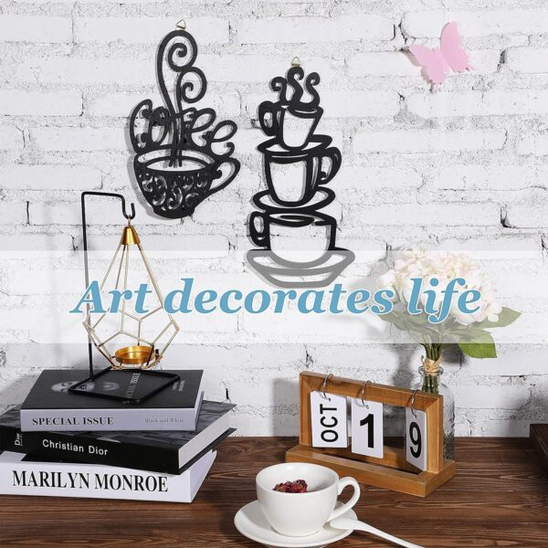 Jetec 2 Pieces Coffee Cup Wall Decor Black Coffee Cup Silhouette Wood Wall Art Cafe Themed Wall Art Cup Mug Scrolled Silhouette Metal Wall Art Decor for Coffee Shop, Kitchen, Restaurant - Image 2