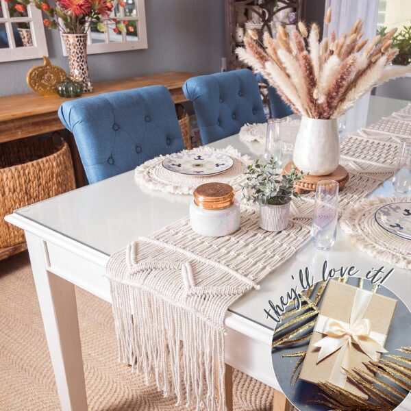 SnugLife Macrame Table Runner (112" x 13") Long | Boho Table Runner | Wedding Table Decor | Vintage Farmhouse and Bohemian Dining Room Style | Off White - Image 6