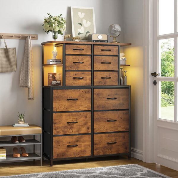 EnHomee Dresser for Bedroom with LED Lights, 12 Drawers Bedroom Dresser, Dresser and Tall Dresser with Open Shelves, Fabric Dressers & Chests of Drawers with Sturdy Metal Frame, Rustic Brown - Image 2