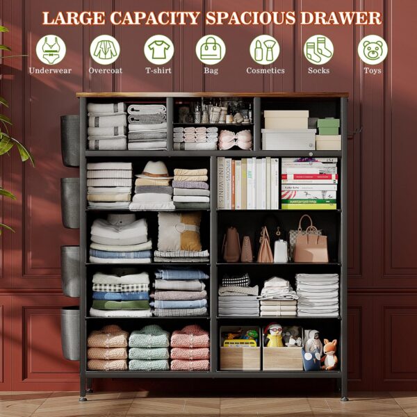 Lulive Dresser for Bedroom with 12 Drawers, Tall Dresser Chest of Drawers with Side Pockets and Hooks, Fabric Dresser Storage Tower for Closet, Hallway, Living Room (Rustic Brown) - Image 5