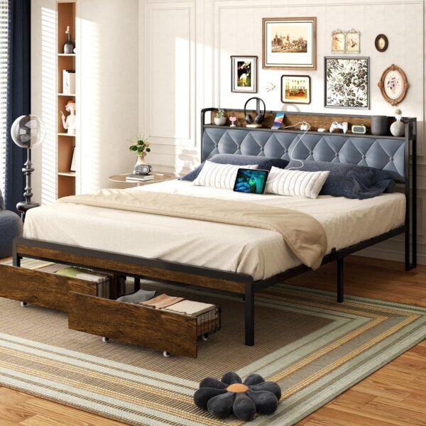 Queen Bed Frame with LED Light & Power Outlet, Queen Platform Bed with Upholstered Headboard and Storage Cabinet, Sturdy Wooden Slats Support, No Box Spring Needed - Image 6