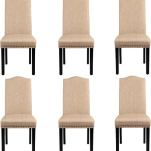 Yaheetech Dining Chairs Set of 6 Upholstered Parsons Chairs, Fabric Dining Room Kitchen Side Chair with Rubber Wood Legs and Nailhead Trim for Living Room, Khaki