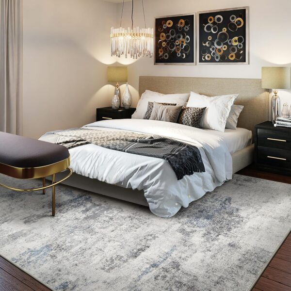 Living Room Area Rugs - 5x7 Abstract Large Soft Indoor Washable Rug Neutral Modern Low Pile Carpet for Bedroom Dining Room Farmhouse Home Office - Grey Blue - Image 3