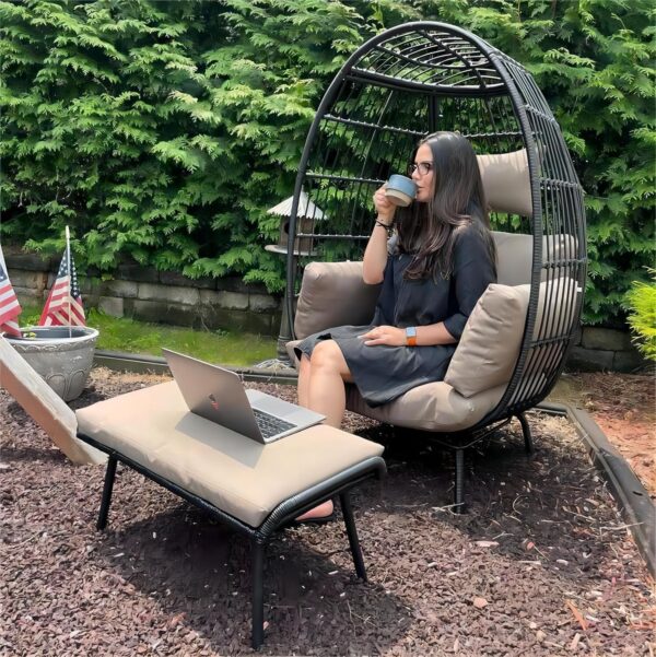 YITAHOME Wicker Egg Chair with Ottoman Outdoor Indoor Oversized Lounger with Stand, Cushions, Egg Basket Chair for Patio Backyard Porch - Brown & Black - Image 5