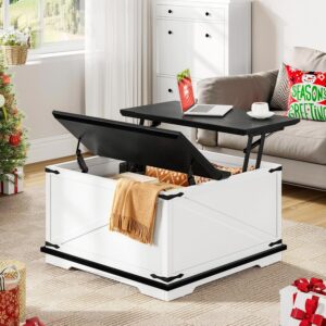 YITAHOME Farmhouse Lift Top Coffee Table, Square Wood Center Table with Large Hidden Storage Compartment for Living Room, Rustic Cocktail Table with Lift Top for Home Office,White