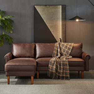 ovios 81.5" L-Shape Sofa Couch with Chaise, 3-Seats Sofa with Deep Seat, Suede Leather Couches with Comfy Cushion for Living Room Apartment, Left Chaise, Dark Brown