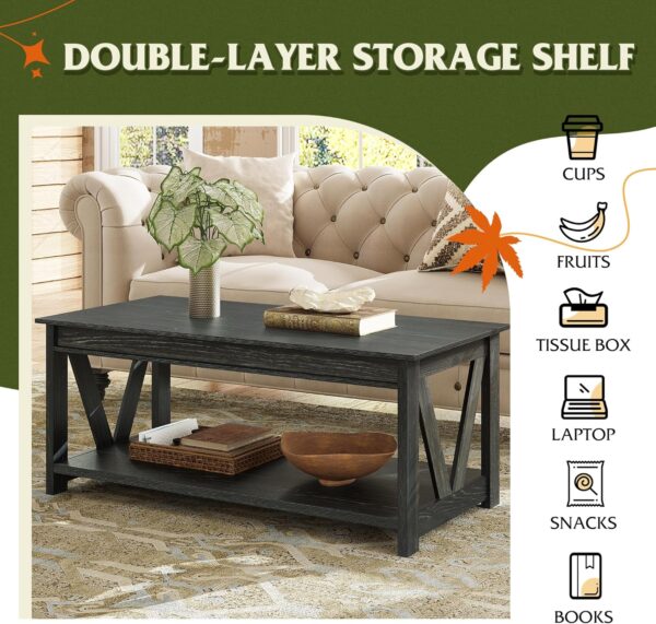 WLIVE Coffee Table, 43" Living Room Coffee Table with Storage Shelf, Center Table for Living Room, Bedroom, Office and Balcony, Black - Image 5