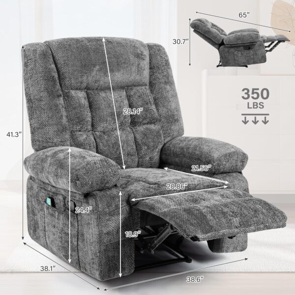 Recliner Chair for Adults with Massage and Heat, Breathable Fabric Reclining Chair with Side Pockets, Comfy Living Room Single Sofa Chair, Dark Grey - Image 3