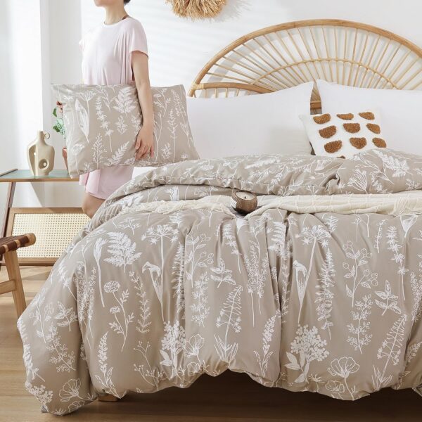JANZAA Duvet Cover Twin Oatmeal Boho Duvet Cover with White Floral Patterns Botanical Bedding Soft Microfiber Bed Cover with Zipper Closure 4 Ties (1 Pillow Cases) - Image 4