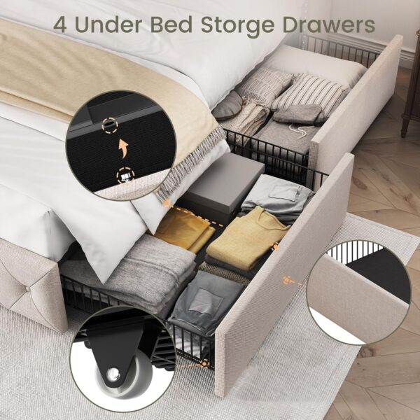 Queen Size Bed Frame with 4 Storage Drawers and Tufted Headboard Linen Upholstered Platform Bed Frame Wingback Beds with Wooden Slats Support, Easy Assembly, Beige - Image 3