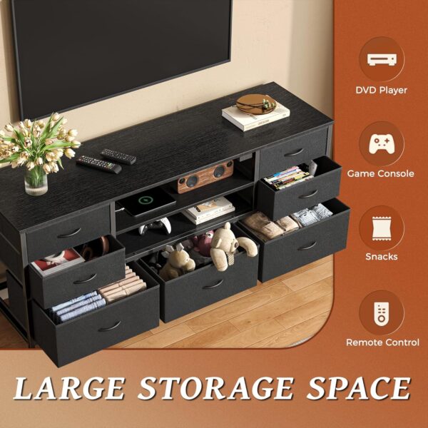 Dresser for Bedroom with Power Outlets and LED Lights, 7 Drawers TV Stand Dresser for 55 Inch TV, 47 Inches TV Console with Open Shelf, Wide Black Dresser, PU Leather, for Bedroom - Image 5