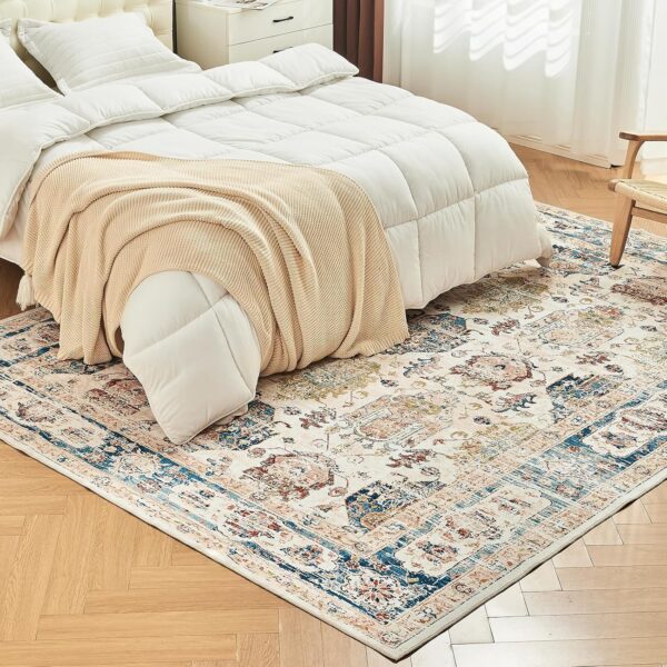 OIGAE Machine Washable Area Rug for Living Room Bedroom Farmhouse Home/Office Decor, 5x7 Carpet Vintage Style Ultra-Soft with Non-Slip Backing, 0.26In Thick, Green/Blue - Image 4