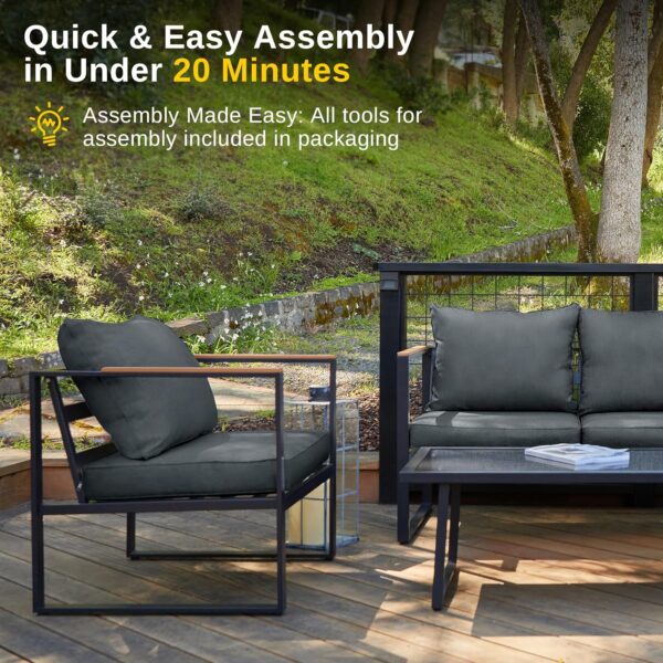EAST OAK Courtyard Patio Furniture Set, 4-Piece Outdoor Patio Set with Sofa, Removable & Washable Deep Seating Cushion, Tempered Glass Table, Outside Patio Conversation Sets, Black & Dark Grey - Image 5