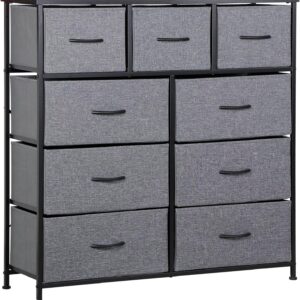 SUPER DEAL Dresser for Bedroom 9 Drawer Fabric Storage Tower Tall Chest Organizer Unit for Living Room Nursery Entryway Closets, Heavy Duty Steel Frame, Wood Top Black Grey
