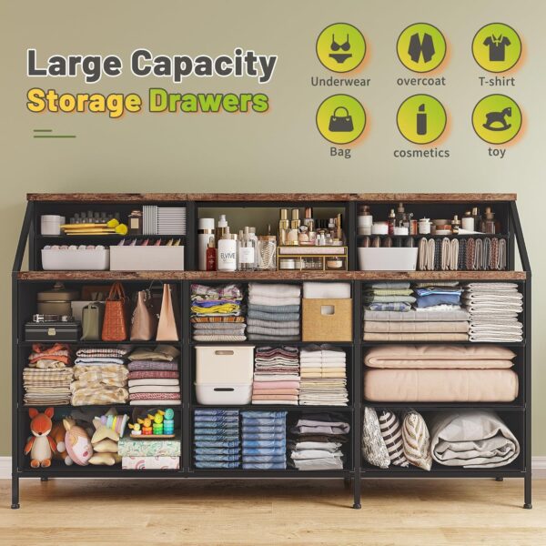 EnHomee 55”W Dresser for Bedroom, Dresser with 13 Large Drawer, Dressers & Chests of Drawers, Dressers with 2 Shelves, Bedroom Dresser, Long Dresser for Closet, Wooden Top Metal Frame Rustic Brown - Image 3