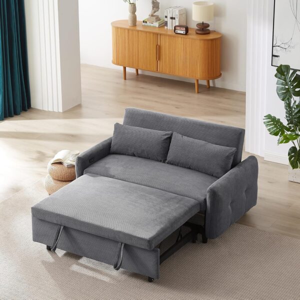 Merax 57.48" Pull-Out Sofa Bed Convertible Couch,2 Seat Loveseat Sofa with 3 Levels Adjustable Backrest,USB Ports and Two Throw Pillows,Modern Corduroy Sleeper Sofa for Living Room(Beige)