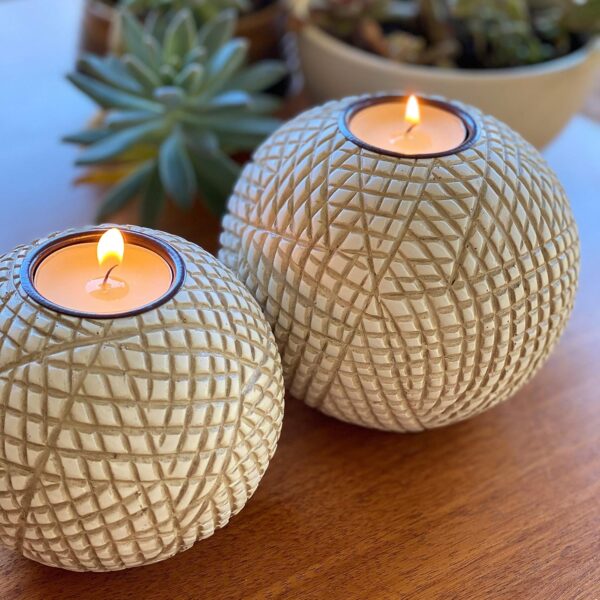 Luca Orb Candle Holders (Gift Boxed Set of 2), Table Centerpieces for Dining or Living Room, Spa, Bathroom, Kitchen Counter, Mantle or Coffee Table Decor (Grid Pattern, Beige and White) - Image 4