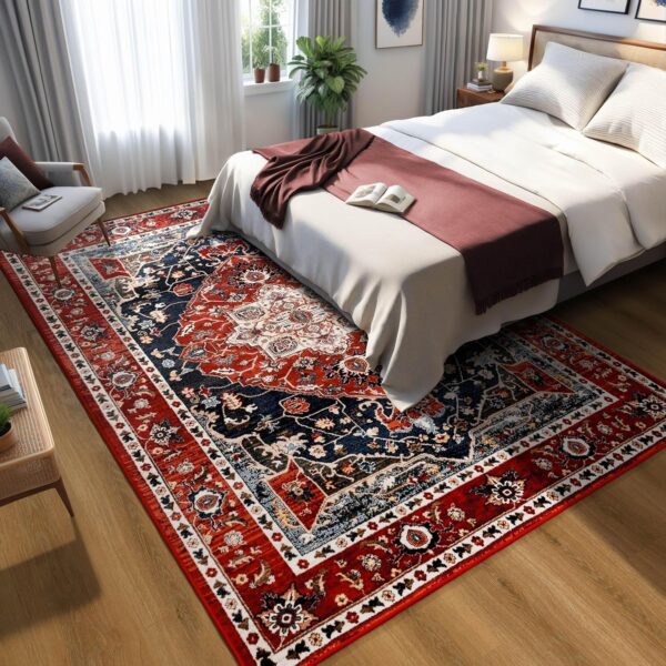 YJ.GWL Soft Large Area Rug 5x8 Washable Living Room Bedroom Rug, Non-Slip Vintage Accent Rugs for Dining Room Office Indoor Home Decor, Low-Pile Colorful Print Rug Floor Carpet, Red/Blue - Image 2