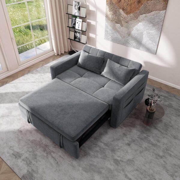 YITAHOME 55" Convertible Sofa Bed, Velvet Sleeper Sofa with Pull-Out Bed, 3-in-1 Futon Couch with Reclining Backrest and Side Pocket, Modern Loveseat for Living Room, Grey, Full Size - Image 6